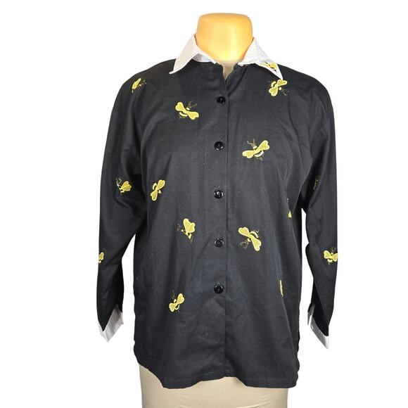 CC Sportswear Womens Large Button Up Shirt Embroidered Bees Nature Preppy AOP - Picture 1 of 9